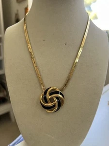 Trifari Vintage Gold Tone Black Enamel Knot Pendant Necklace - Picture 1 of 4
