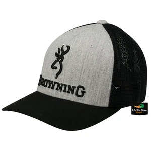 NEW BROWNING BRANDED MESH BACK FLEX FIT HAT BALL CAP BUCKMARK LOGO HEATHER SM/MD - Picture 1 of 2