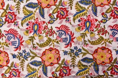 Indian 3 Yard New Hand Block Print White floral Cotton Craft Sewing Fabric White - Image 1 of 4