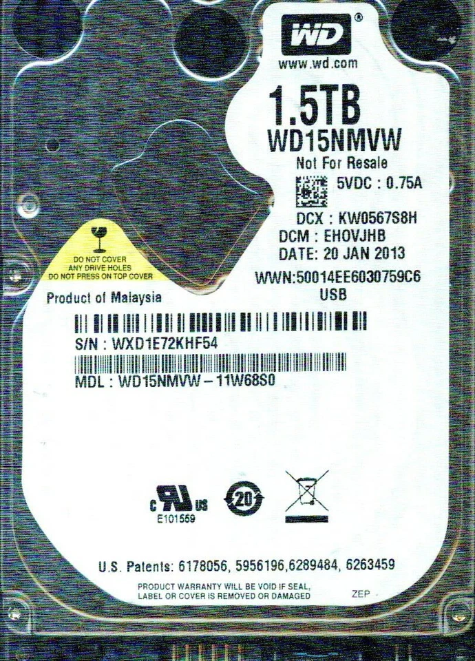 WD15NMVW-11W68S0,  DCM: EHOVJHB  WESTERN DIGITAL USB3 1.5TB  WXD1  JAN 2013 - Image 1 of 1