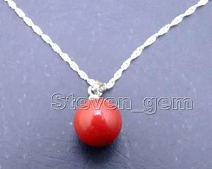 10mm Round Natural Red Coral Pendant Necklace for Women Silver Plated 16" Choker - Picture 1 of 6