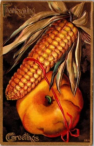 Postal de Acción de Gracias con bordes dorados en relieve de calabaza atada al maíz - Imagen 1 de 2