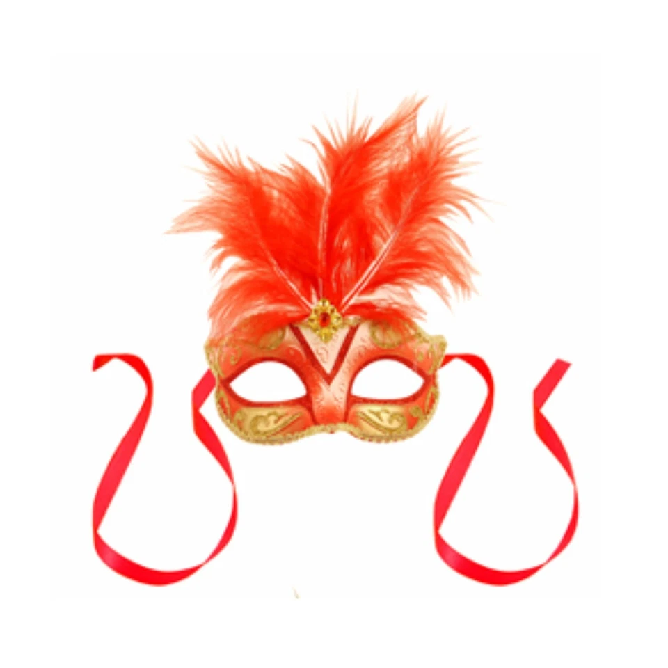Red Feather Glitter Mask Venetian New Years Eve Masquerade Ball Face Party Mask - Image 1 of 1
