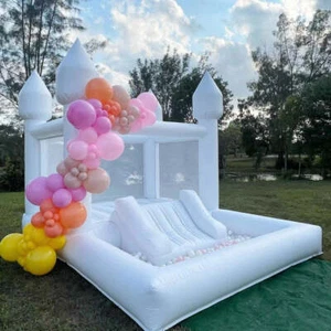 Mini White Inflatable Bounce House Slide And Ball Pit Outdoor Birthday Party - Picture 1 of 6
