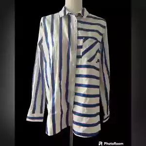 Joules Lorena Stripe Bright Blue/Pink Long sleeve button down blouse 10 NWT - Picture 1 of 5