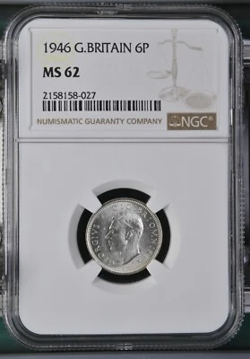 Great Britain - 1946 George VI Silver 6 Pence - NGC MS62 - Image 1 of 2