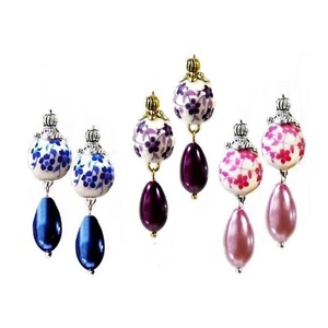 Earrings, Porcelain and pearl, choose your fittings, blue, purple, pink - Picture 1 of 7
