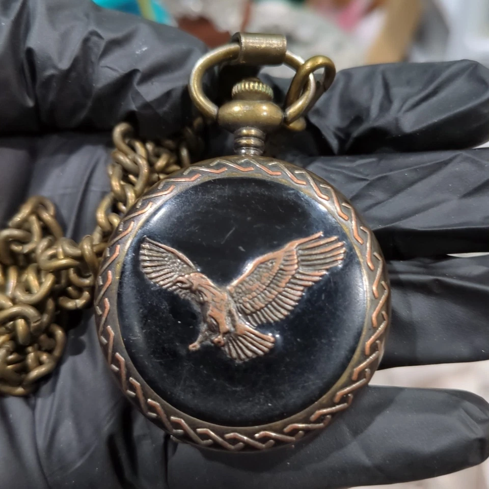 Working Benrus Eagle Pocket Watch Men Gold Tone Black 45mm Date New Battery - Image 1 of 4