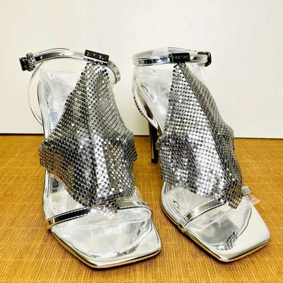 Carvela Kurt Geiger 8.5 prata salto aberto metal malha diamante com defeitos menores - Imagem 1 de 4