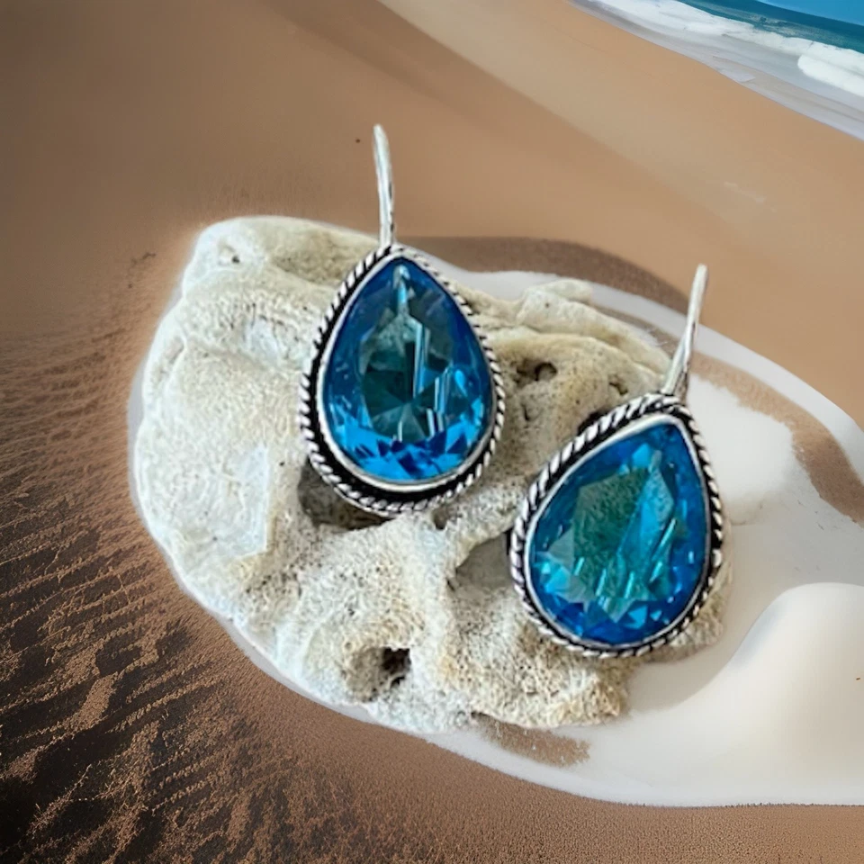 Pendientes Artesanales Topacio Azul Cristal Facetado Chapado en Plata de Ley - Nuevos Foto 1 de 4