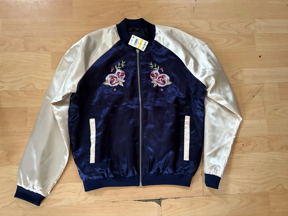 NOVO MATERIAL FEMININO Azul Marinho Bege Bordado Floral Jaqueta Varsity Tamanho M AB19 - Imagem 1 de 2