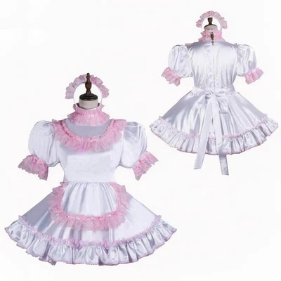 Niña Criada Sissy Bloqueable Blanco Satén Vestido Juegos con disfraces Unisex Disfraces A Medida Foto 1 de 4