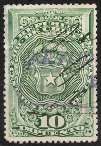 Sn:#AR4 SGF70 used 1878 10c CHILE Coat of Arms  Fiscal Tax Stamps Issue of 1878 - Picture 1 of 2