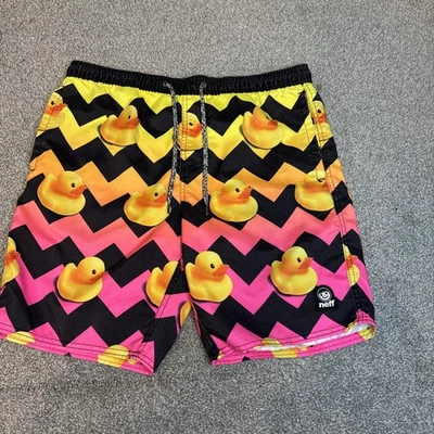 Neff Shorts Mens Small Black Yellow Pink Neon Rubber Duck Chevron Swim Trunks - Image 1 of 4