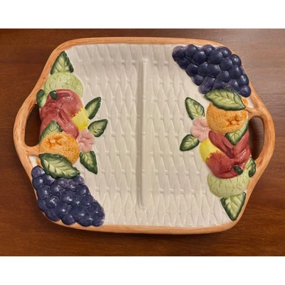 VTG Ceramic Divided Serving Tray Fruit Grapes Oranges Basketweave Handles 1994 - Image 1 of 4