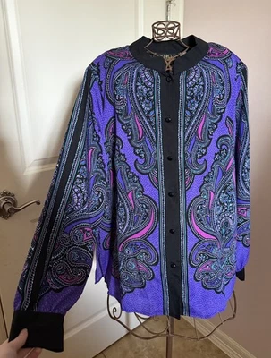 VTG Bob Mackie Wearable Art Purple Paisley Button Up Blouse Sz Large Long Sleeve Foto 1 de 4