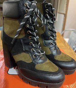 Gr. 8 ROUGE Lederstiefel, 4" Absatz 7/8" Plateau olivgrün schwarz Seitenreißverschluss gebraucht - Bild 1 von 6