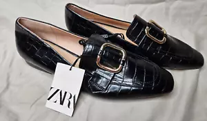 Zara Slip On Loafers Shoes Womens EUR 40 US 9 Black Croc Embossed Faux Leather - Picture 1 of 10
