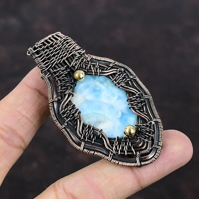 女士节礼物 Larimar 线包装吊坠手工铜独特 2.91 — 第 1/4 张图片