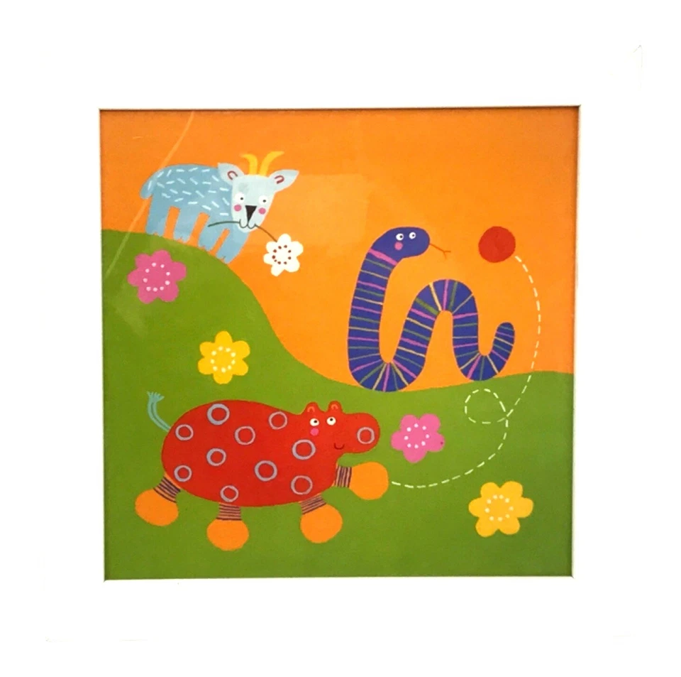 Vintage Framed Art Print 1999 IKEA Fantasi Barnslig 12 x 12 Hippo Worm Goat - Image 1 of 4