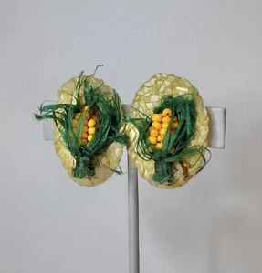 Vintage Signed Western Germany Corn Vegetable Woven Raffia Clip Earrings - Picture 1 of 4
