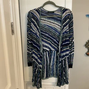 Zozo Cardigan Waterfall Collarless Open Front Blk/Wh/Blue Multi Stripe Sz L - Picture 1 of 5