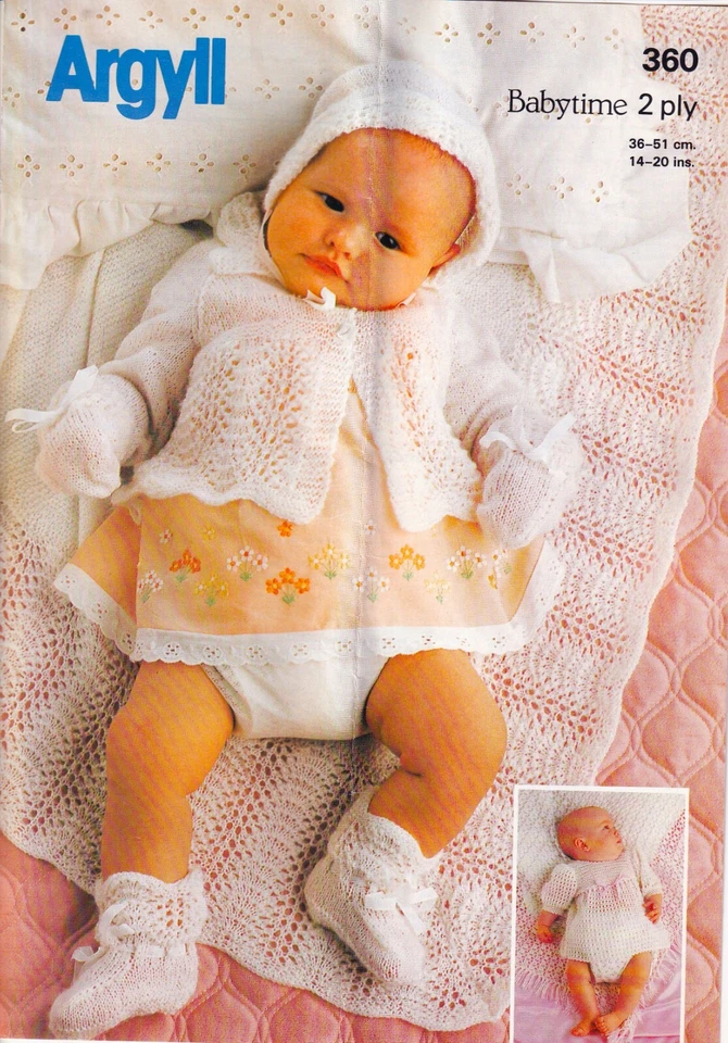 ARGYLL Pattern 360 Knitted Layette Crochet Dress & Shawl 14-20" 2 Ply - Image 1 of 1