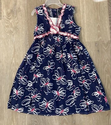 Vestido sin solero informal floral blanco y azul marino talla 6 George para niña con ribete rosa Foto 1 de 4