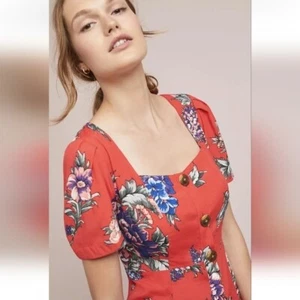 Anthropologie Maeve Caldwell Floral Button Down Red Dress Womens Size 6 - Picture 1 of 10