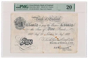 GREAT BRITAIN banknote 5 Pounds 21.8.1937 London PMG VF 20 ORIGINAL !!! - Picture 1 of 8