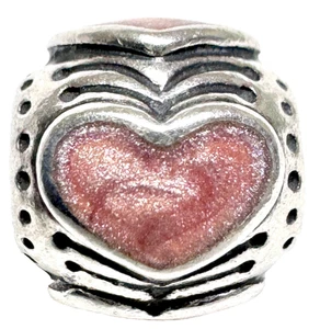 Pandora Retired Sterling Silver Pink Rose Enamel Heart Bead - 790591EN28 - Picture 1 of 7