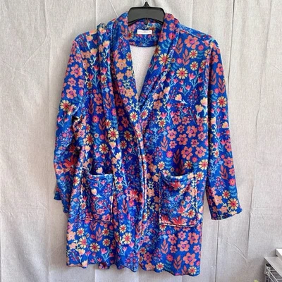 Bata Natural Life Mujer Pequeña Azul Floral Felpa Corta Cinturón Acogedora Hippie (T) Foto 1 de 4