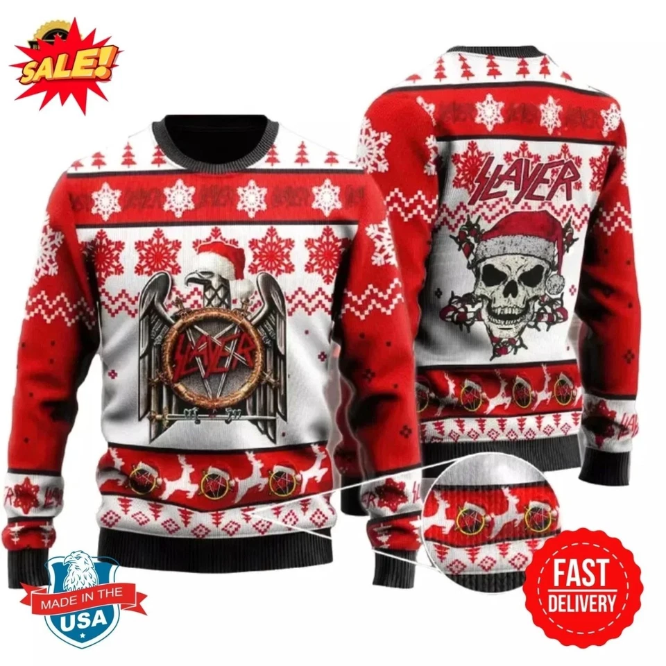 Slayer Ugly Christmas Sweater - Heavy Metal Holiday Sweater with Skull SantaSlay - Image 1 of 4