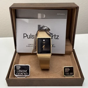NOS Neo Vintage Pulsar Y100-5879 Men’s Quartz Watch Tank 1980s Black Gold Tone - Picture 1 of 14