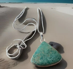 Peruvian Turquoise Gemstone Pendant Necklace -925 Sterling Silver Plated-New - Picture 1 of 3