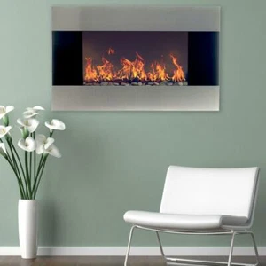 35 in. Stainless Steel Electric Fireplace Wall Mount Remote Silver Heater Modern - Picture 1 of 12