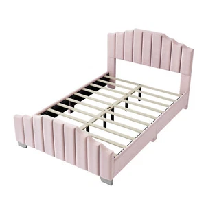 Full Size Velvet Upholstered Platform Bed Headboard Footboard Wood Slatted Pink - Picture 1 of 9