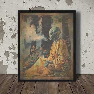 Vintage ALIEN CANNABIS FLOWER Wall Art, Sci-fi 420 Pot Decor, Botanical Weed UFO - Picture 1 of 21