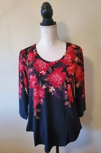 JM Collection Women's P/M Top Floral Baroque Cascade 3/4 Sleeve Black/Red - Picture 1 of 13