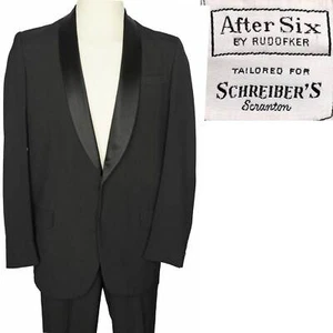 60s Vintage Black Tuxedo Suit Satin Shawl Lapel Jacket After Six Rudofker 42 L - Picture 1 of 14