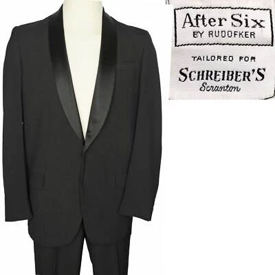 60s Vintage Black Tuxedo Suit Satin Shawl Lapel Jacket After Six Rudofker 42 L - Image 1 of 4