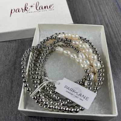 Park Lane Bracelet Set of 8 Stretch Stackable Beaded Marina Silver W/ Pearls Set - Image 1 of 2