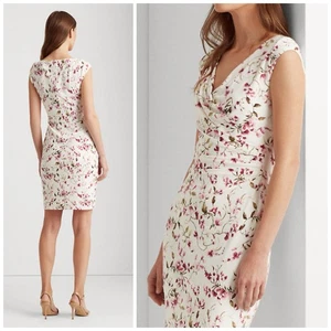 LRL RALPH LAUREN Floral Jersey Surplice Dress Size 12 Stretch Faux Wrap Ruched - Picture 1 of 9