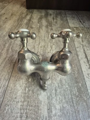 Antique Nickel Plated Brass Bathtub Faucet Hot Cold Handles Porcelain  - Image 1 of 4