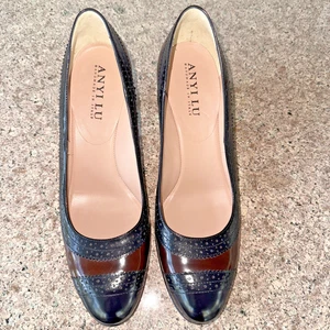 New ANYI LU  Italy Black & Burgundy Leather Pumps Women's Size 10  EU 41 - Picture 1 of 9