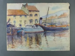 L. VIARD Watercolor Landscape of a port in Normandy ca.1930 - Picture 1 of 6