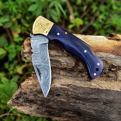 Damascus Pocket Knife Camping Hunting Survival Outdoor Rescue Folding Blade - Image 1 of 4