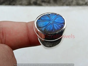 Solid 925 Sterling Silver Natural Blue Labradorite Carving Gemstone Men's Ring - Picture 1 of 14