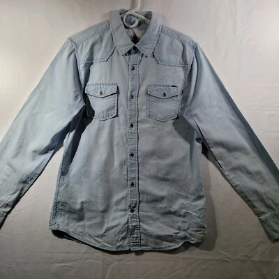 Guess Men's Size M Distressed Blue Denim Cotton Long Sleeve Jean Shirt - Image 1 of 4