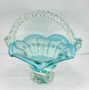 Fenton Art Glass 6" Ice Blue Ruffled Basket clear Twisted Handle unique pattern - Picture 1 of 9